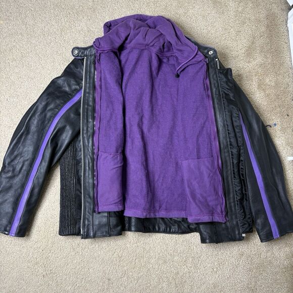 UNIK WOMENS LEATHER JACKET Cafe Moto Zip In Hoodie Purple Black Embroidered 5X - Picture 6 of 9